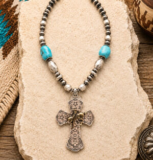 Nena Western Cross Necklace Faux Turquoise Silver Tone Cowgirl Rodeo Statement